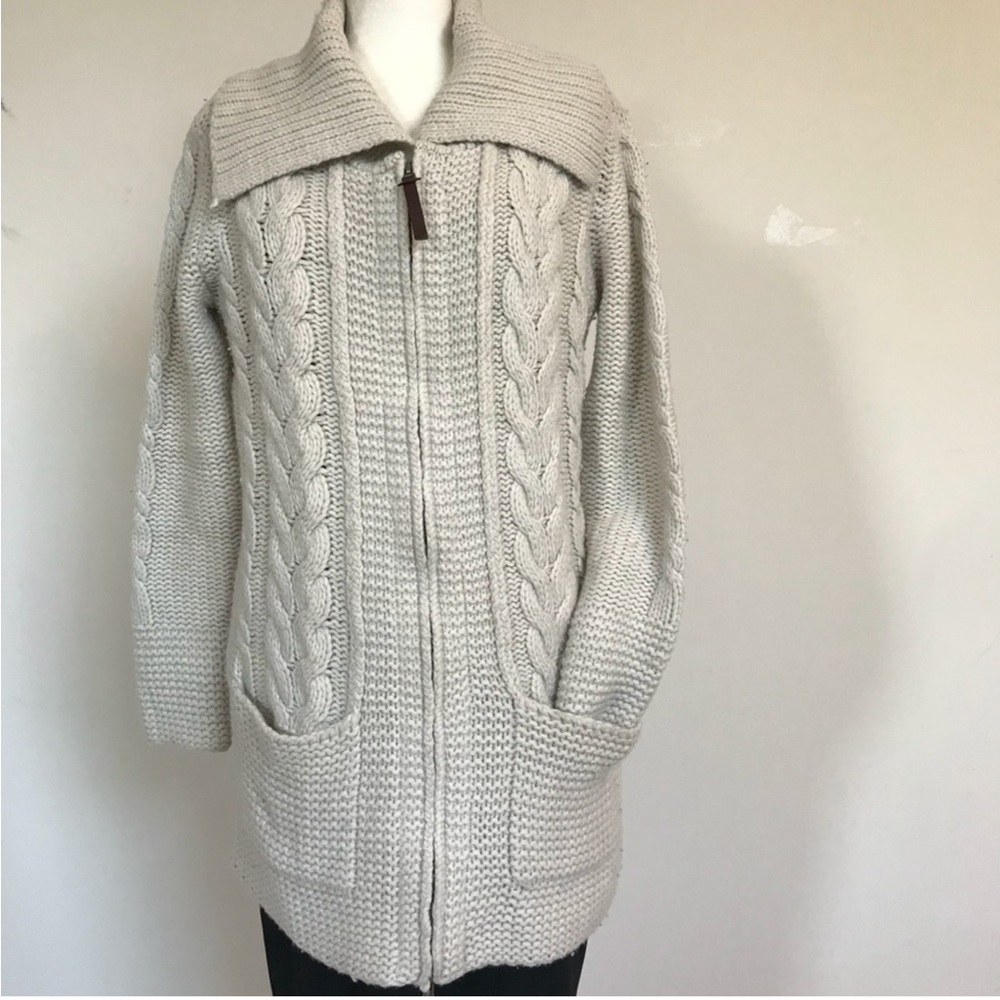 Cynthia Rowley Long Wool Chunky Cable Beige Cream Cardigan Sweater Jacket Coat